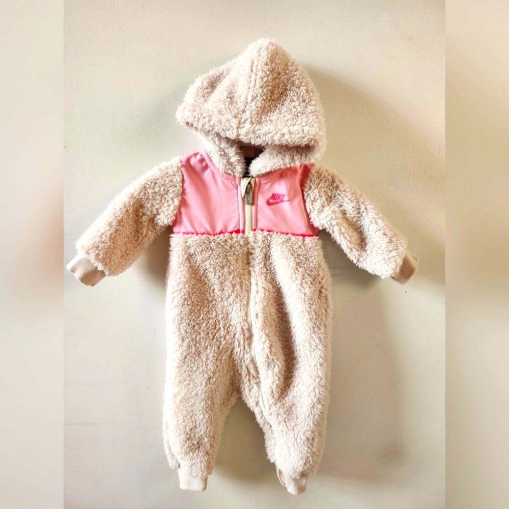 Nike Pink and Cream Baby Sherpa Fleece Hooded Coverall